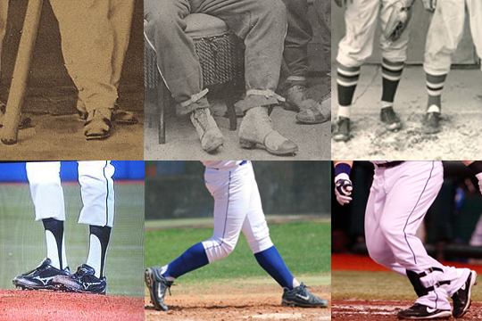 Pants, socks and stirrups in sequence. Tapered buttoned pants, pants with belts for tightness, knee high pants with colored socks, mid length pants with high stirrups, low stirrups, low pant legs over cleats. 